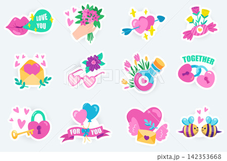 Love and romantic cute stickers set in flat cartoon design. Bundle of kissing lips, flower bouquet, hearts, love letter, pink glasses and other. Vector illustration for planner or organizer template Love and romantic cute stickers set in flat cartoon design. Bundle of kissing lips, flower bouquet, hearts, love letter, pink glasses and other. Vector illustration for planner or organizer template 142353668