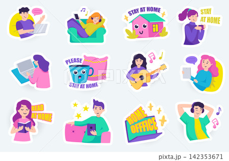 Stay at home cute stickers set in flat cartoon design. Bundle of work and rest at home, listen to music, play guitar, chat, read books and other. Vector illustration for planner or organizer template Stay at home cute stickers set in flat cartoon design. Bundle of work and rest at home, listen to music, play guitar, chat, read books and other. Vector illustration for planner or organizer template 142353671