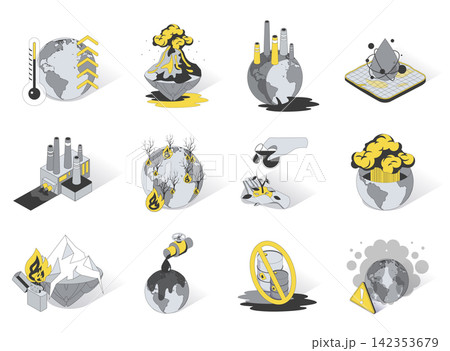 Global warming and pollution 3d isometric icons set. Pack elements of climate change on planet, emissions, volcano explosions, forest fires, oil industry. Vector illustration in modern isometry design Global warming and pollution 3d isometric icons set. Pack elements of climate change on planet, emissions, volcano explosions, forest fires, oil industry. Vector illustration in modern isometry design 142353679