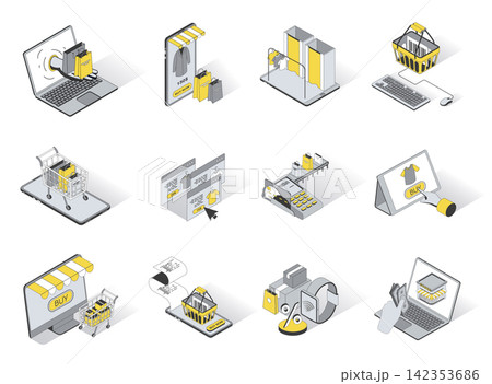 Online shopping 3d isometric icons set. Pack elements of purchases in bags, choose of goods, adding to cart, online payment, discount prices on website. Vector illustration in modern isometry design 142353686