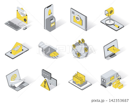 Email service 3d isometric icons set. Pack elements of writing letter, sending and receiving envelopes, online correspondence, feedback, mail delivery. Vector illustration in modern isometry design 142353687