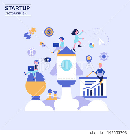 Startup flat design concept blue style with decorated small people character. Startup flat design concept blue style with decorated small people character. 142353708