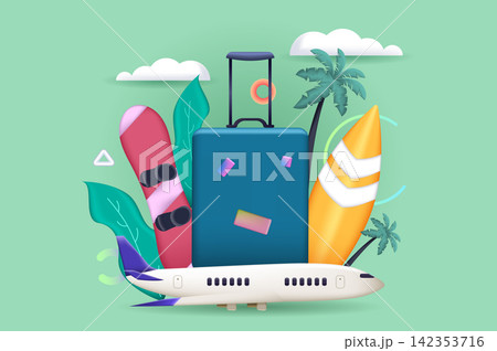 Travel concept 3D illustration. Icon composition with travel luggage, flight to ski holiday or surf island, worldwide tourist trip and going on vacation. Vector illustration for modern web design Travel concept 3D illustration. Icon composition with travel luggage, flight to ski holiday or surf island, worldwide tourist trip and going on vacation. Vector illustration for modern web design 142353716