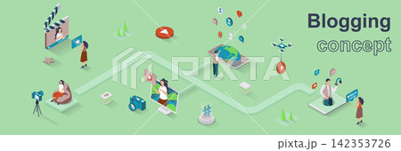 Blogging concept 3d isometric web banner. People record videos, streaming online, take photos, post content, followers subscribe to blogs. Vector illustration for landing page and web template design 142353726