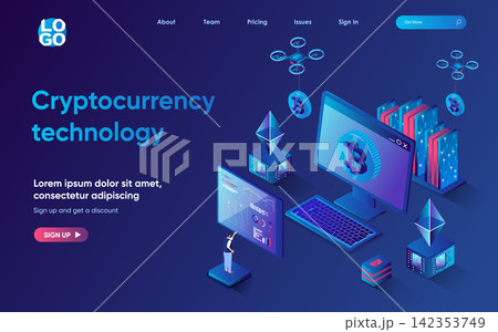 Cryptocurrency technology concept 3d isometric web landing page. People create mining farms, processing data, invest in crypto business and blockchain. Vector illustration for web template design Cryptocurrency technology concept 3d isometric web landing page. People create mining farms, processing data, invest in crypto business and blockchain. Vector illustration for web template design 142353749