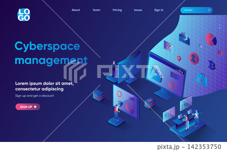 Cyberspace management concept 3d isometric web landing page. People upload and transfer files, manage, store and share information using cloud technologies. Vector illustration for web template design 142353750