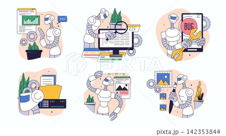 Artificial intelligence concept set for web design. Collection with people assistant analyzing data, search information, generates images, more. Flat vector illustration isolated on white background. 142353844