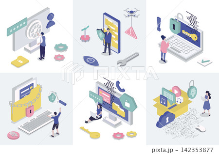 Cyber security 3d isometry concept for web design. Collection set with isometric people using safety access with data privacy protection, fingerprint verification and passwords. Vector illustration. 142353877