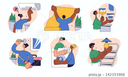 Home repair workers concept set for web design. Collection with people fixing conditioner, painting wall, wallpapering, light bulb replace, more. Flat vector illustration isolated on white background. Home repair workers concept set for web design. Collection with people fixing conditioner, painting wall, wallpapering, light bulb replace, more. Flat vector illustration isolated on white background. 142353908