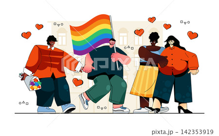LGBTQ community concept for modern web design. People with rainbow flag at gay pride parade, happy multiracial gay and lesbian couples at event. Flat vector illustration isolated on white background. LGBTQ community concept for modern web design. People with rainbow flag at gay pride parade, happy multiracial gay and lesbian couples at event. Flat vector illustration isolated on white background. 142353919
