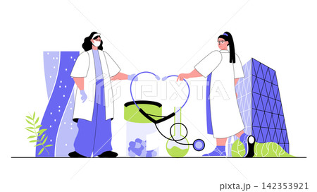 Medical concept for modern web design. People works as doctors, making diagnose patients and prescribe treatments, professional physician help. Flat vector illustration isolated on white background. 142353921