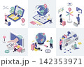 Travelling 3d isometry concept for web design. Collection set with isometric people booking flight tickets online, global tourism, car vacation, summer trip to sea beach resort. Vector illustration. 142353971
