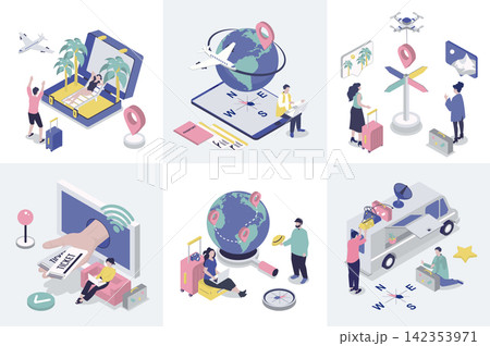 Travelling 3d isometry concept for web design. Collection set with isometric people booking flight tickets online, global tourism, car vacation, summer trip to sea beach resort. Vector illustration. 142353971