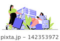 Travel vacation concept for modern web design. People with luggage hurrying flight, going to vacation with baggage, travelling with excursions. Flat vector illustration isolated on white background. 142353972