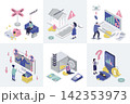 Unemployment and crisis 3d isometry concept for web design. Collection set with isometric people was fired, financial problems, jobless, global economic recession with arrow down. Vector illustration. 142353973