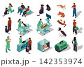 Vet clinic 3d isometric set. Collection isolated flat elements of veterinary doctor diagnostic, x-ray, animal hospital, dogs and cats, treatment, grooming service, carrying more. Vector illustration. 142353974