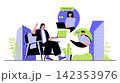 Video conference concept for modern web design. People connecting and talking with friends on zoom, making online call using laptop at home. Flat vector illustration isolated on white background. 142353976