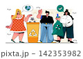 Waste management concept for modern web design. People collecting trash, sorting garbage into separate bins, take care of ecology, save Earth. Flat vector illustration isolated on white background. 142353982