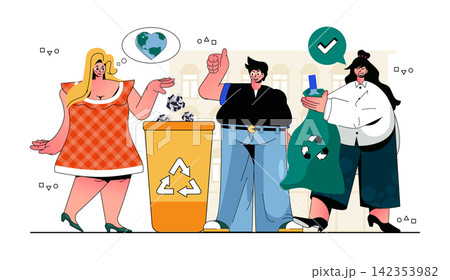 Waste management concept for modern web design. People collecting trash, sorting garbage into separate bins, take care of ecology, save Earth. Flat vector illustration isolated on white background. Waste management concept for modern web design. People collecting trash, sorting garbage into separate bins, take care of ecology, save Earth. Flat vector illustration isolated on white background. 142353982