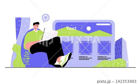 Web development concept for modern design. People developers creating website layout, placing graphic elements, making application template. Flat vector illustration isolated on white background. 142353983
