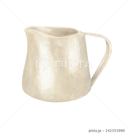 Beige ceramic milk pitcher with handle and spout watercolor illustration on isolated background. Rustic pottery tableware or watering can. Farmhouse kitchen decor, gardening equipment Beige ceramic milk pitcher with handle and spout watercolor illustration on isolated background. Rustic pottery tableware or watering can. Farmhouse kitchen decor, gardening equipment 142353990