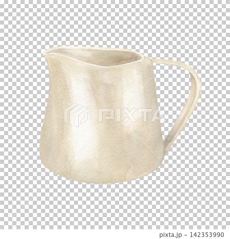 Beige ceramic milk pitcher with handle and spout watercolor illustration on isolated background. Rustic pottery tableware or watering can. Farmhouse kitchen decor, gardening equipment Beige ceramic milk pitcher with handle and spout watercolor illustration on isolated background. Rustic pottery tableware or watering can. Farmhouse kitchen decor, gardening equipment 142353990