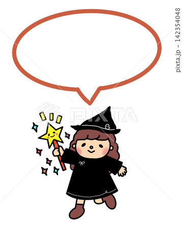 ハロウィン、かわいい星の杖を持った魔法使いの女の子のイラスト、メモ、吹き出しフレーム 142354048