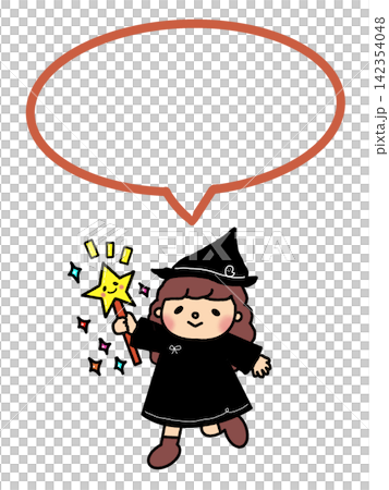 ハロウィン、かわいい星の杖を持った魔法使いの女の子のイラスト、メモ、吹き出しフレーム 142354048