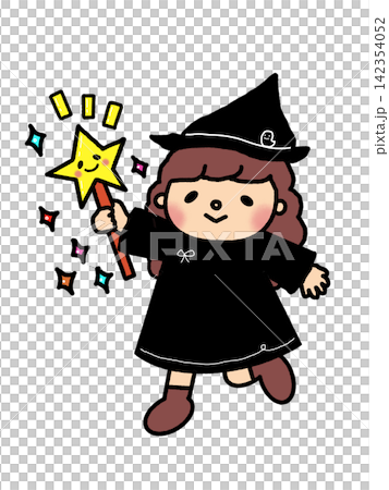 An illustration of a cute little witch girl with a star wand for Halloween. 142354052