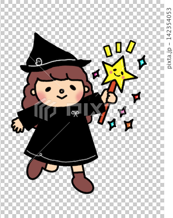 An illustration of a cute little witch girl with a star wand for Halloween. An illustration of a cute little witch girl with a star wand for Halloween. 142354053