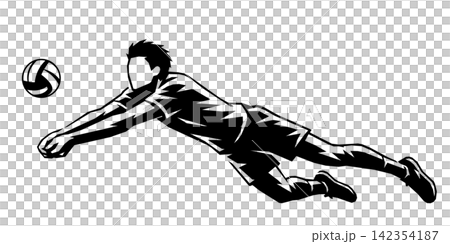 排球運動員飛身接球的透明黑色剪影。 142354187