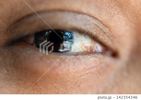Extreme closeup of human eye showing dark iris pupil eyelashes skin texture natural reflections detailed anatomy vision features Extreme closeup of human eye showing dark iris pupil eyelashes skin texture natural reflections detailed anatomy vision features 142354346