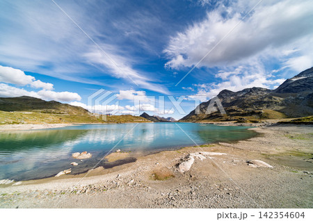 Scenic Alpine Mountain Lake with Clear Water and Rocky Shore under Blue Sky 142354604