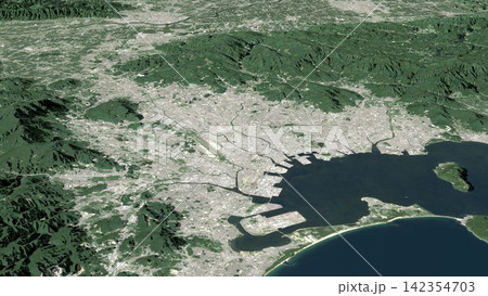 Oblique aerial 3D illustration of Fukuoka, Japan 142354703