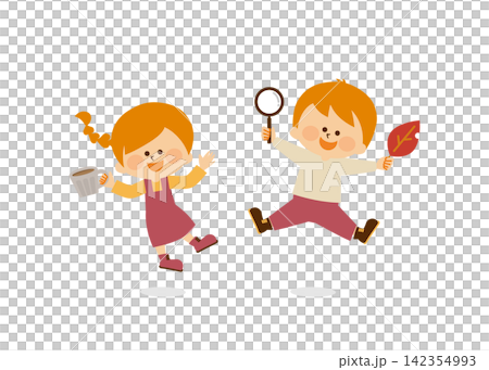 Autumn children: Illustration of a boy and a girl happily jumping around. Autumn children: Illustration of a boy and a girl happily jumping around. 142354993
