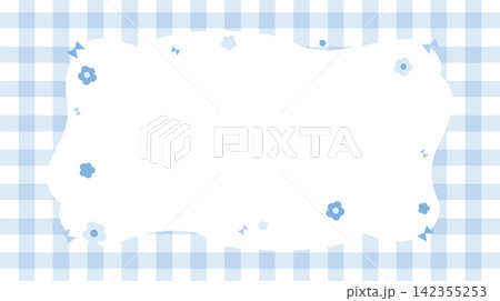 Cute light blue gingham frame template with small flowers, bows and copy space. 142355253