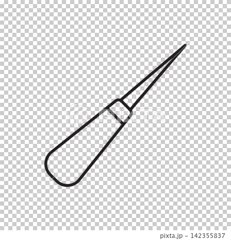 Minimalist line art icon of a pointed leather stitching awl tool with a wooden handle. Minimalist line art icon of a pointed leather stitching awl tool with a wooden handle. 142355837