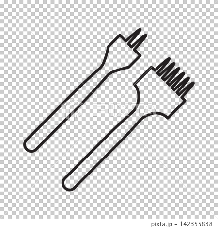 Minimalist line art icon of a pair of multi-prong pricking iron chisels for marking stitch spacing. Minimalist line art icon of a pair of multi-prong pricking iron chisels for marking stitch spacing. 142355838