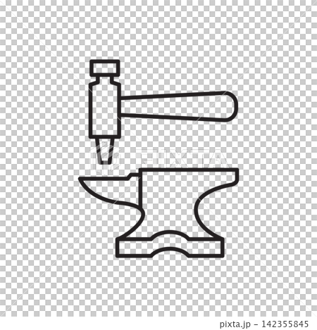 Minimalist line art icon of a rivet punch setter tool positioned above a mini metal anvil base. Minimalist line art icon of a rivet punch setter tool positioned above a mini metal anvil base. 142355845