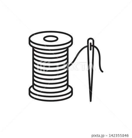 Minimalist line art icon of a large thread spool paired with a heavy-duty stitching needle. Minimalist line art icon of a large thread spool paired with a heavy-duty stitching needle. 142355846