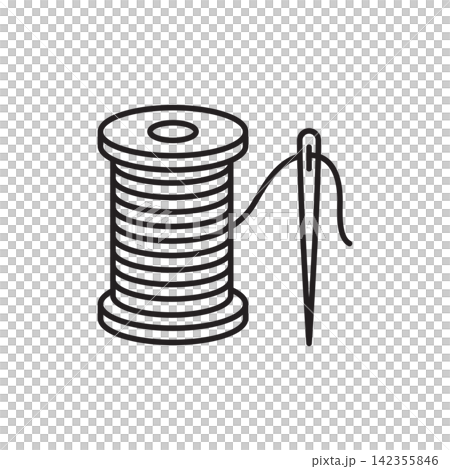 Minimalist line art icon of a large thread spool paired with a heavy-duty stitching needle. Minimalist line art icon of a large thread spool paired with a heavy-duty stitching needle. 142355846