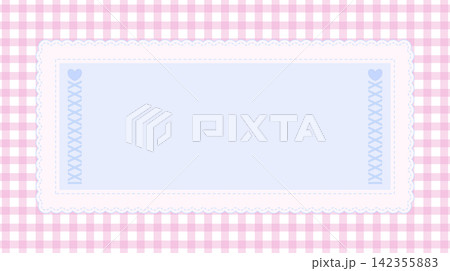 Cute blue frame with lace border and hearts on pink gingham background 142355883