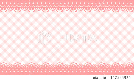 Cute pastel red lace frame template with stars and diagonal gingham background. 142355924