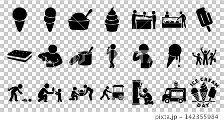Ice cream pictogram set: depicting sales, preparation, and eating scenes. Ice cream pictogram set: depicting sales, preparation, and eating scenes. 142355984