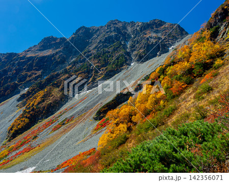 9月下旬の快晴の青空が広がる涸沢カールと紅葉に彩られた奥穂高岳の雄大な岩肌 9月下旬の快晴の青空が広がる涸沢カールと紅葉に彩られた奥穂高岳の雄大な岩肌 142356071