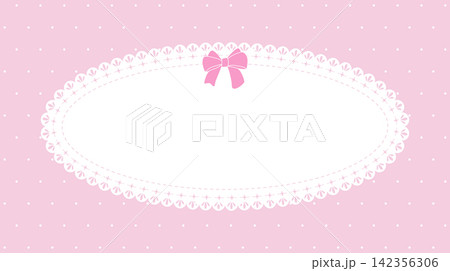 Cute pastel pink polka dot background with oval white lace frame and bow ribbon 142356306
