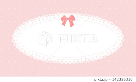 Cute pastel red polka dot background with oval white lace frame and bow ribbon. Cute pastel red polka dot background with oval white lace frame and bow ribbon. 142356310