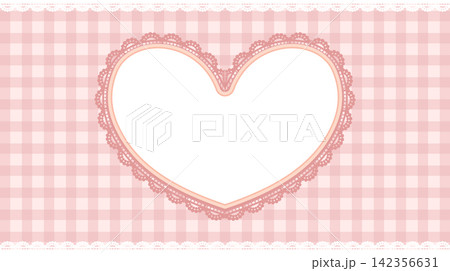 Pastel red gingham background with lacy heart frame and scalloped borders Pastel red gingham background with lacy heart frame and scalloped borders 142356631
