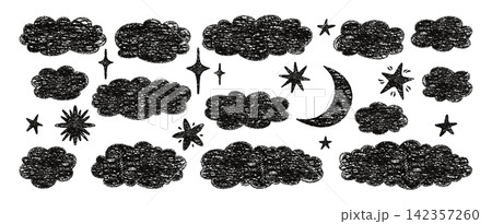 Childish crayon cloud star moon silhouette set fluffy sky chalk pencil texture naive scribble style 142357260