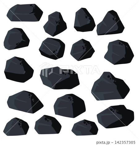 Large collection of individual cartoon coal rocks in various shapes and sizes. Dark grey mineral chunks in vector style isolated on white background. Large collection of individual cartoon coal rocks in various shapes and sizes. Dark grey mineral chunks in vector style isolated on white background. 142357305